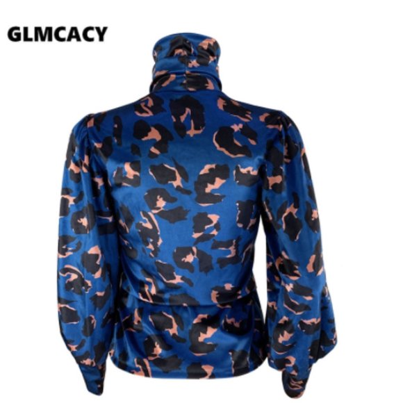 Blue Leopard Print Turtle Neck Keyhole Blouse - Picture 6 of 8